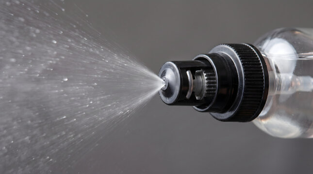 Close up of a 2 oz spray bottle dispensing a fine mist of liquid against a neutral grey background
