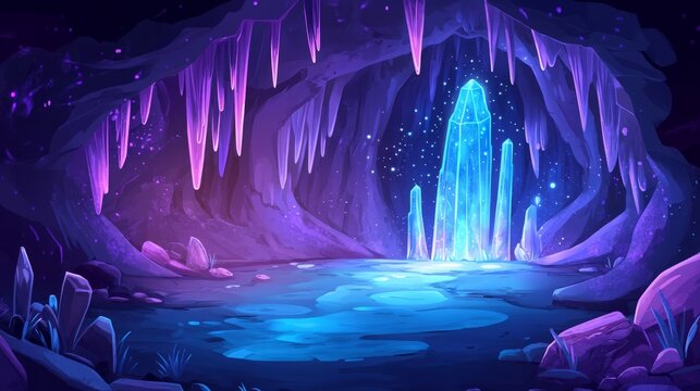 Magical luminescent crystal cave with glowing stalactites and reflective pool