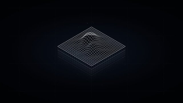 Rotating Wireframe Terrain Grid With Central Mountain Peak