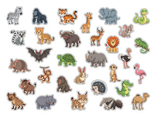 Fototapeta premium Set of cute cartoon savanna and wildlife animals stickers vector illustration