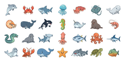 Set of cute cartoon sea animals vector illustration © Максим Лебедик