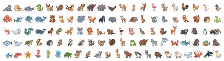 Obraz premium Mega set of cute cartoon wild, farm, and sea animals vector illustration