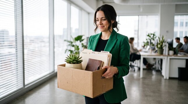 Professional woman carrying a cardboard box filled with personal belongings while leaving her corporate office job with a hopeful expression after resigning from her position