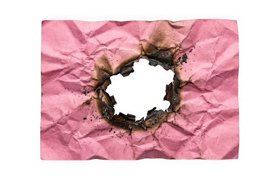 Crumpled pink paper sheet with a burnt hole in the center isolated on transparent background