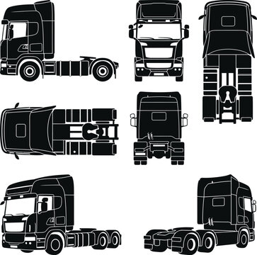 Heavy duty commercial semi truck tractor unit silhouette vector set with ortho front back side top and perspective views for logistics presentation.