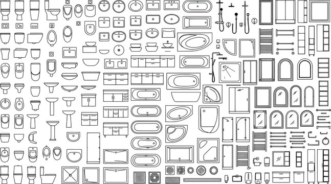 Large set of bathroom furniture and sanitary ware icons, including various toilets, sinks, bathtubs, showers, and accessories for architectural design plans