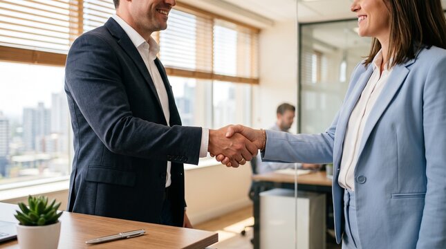 Professional business people shaking hands in a bright modern office after finalizing a successful corporate deal while smiling warmly during their productive daily morning meeting session