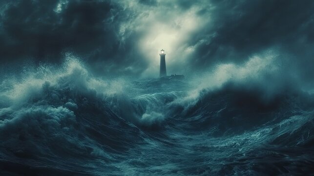 Dramatic lighthouse amidst stormy ocean waves under a dark cloudy sky