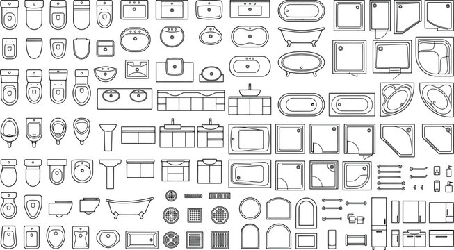Set of bathroom furniture and sanitary ware icons, top view, collection of vector elements for architectural floor plans