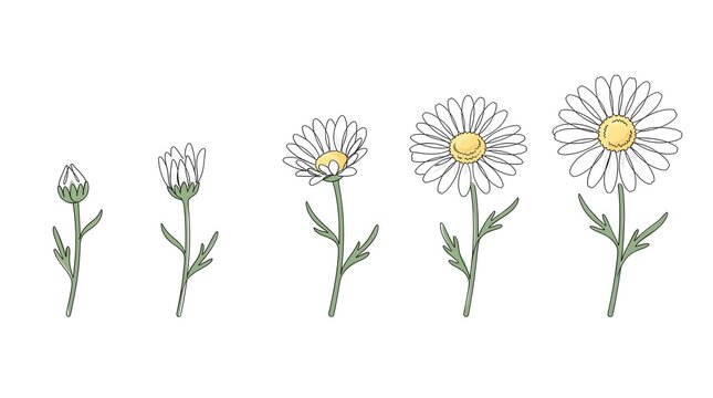 Chamomile Daisy Flower Growth Sequence Black and White Line Art Vector Drawing