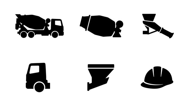 Construction Icons: Cement Mixer Truck, Concrete Pump, Hard Hat