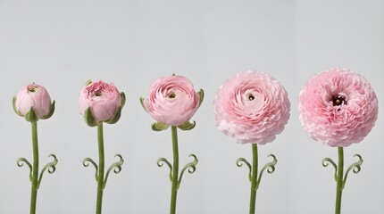 Obraz premium Light Pink Ranunculus Buttercup Flower Blooming Sequence Row Isolated on Clean White Background
