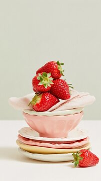 Fresh strawberries stacked in a precarious vertical balance on a ceramic bowl and plates, with a soft pastel background and copy space
