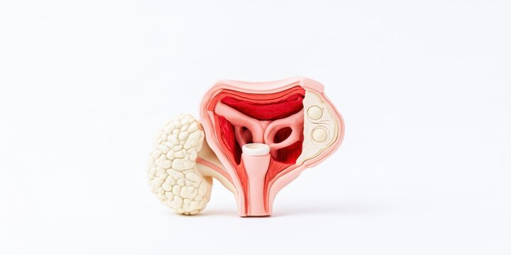 Anatomical model of human uterus and fallopian tubes displayed on clean white background for medical education