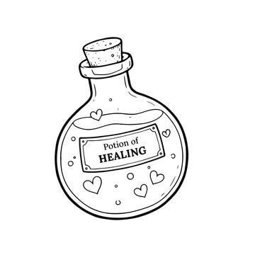 Hand drawn potion bottle with label and hearts black and white sketch