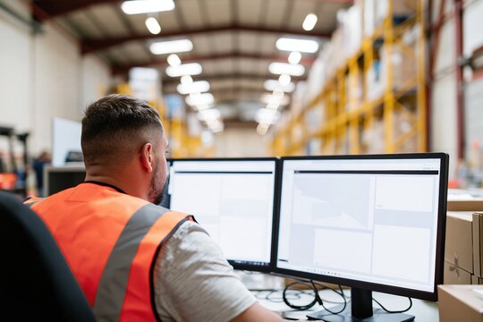 Warehouse worker in a bright safety vest monitoring screens at a desk, with glowing displays and yellow racking for logistics and inventory software