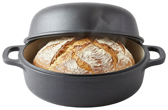 A round, black ceramic baking dish with a lid on top, dish has two handles on either side for easy carrying featuring premium handmade finish, isolated product element on transparent background.