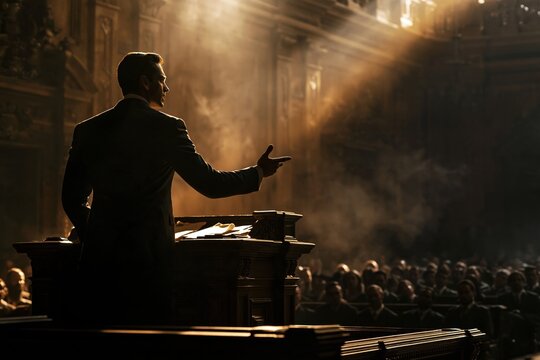 Attorney gesturing from a wooden lectern in a dimly lit courtroom with a seated audience, for legal services and court reporting