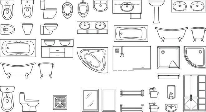 Bathroom sanitary ware and furniture icons for architectural floor plans, top view vector collection