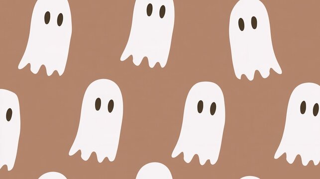 Minimalist white ghost illustrations arranged in seamless repeating pattern on neutral background