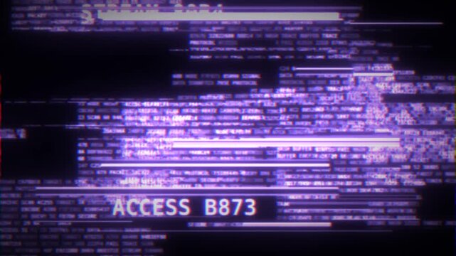 Glitchy digital data stream, abstract purple code on black screen, corrupted computer information, cyber security concept, hacking, technology background 4k