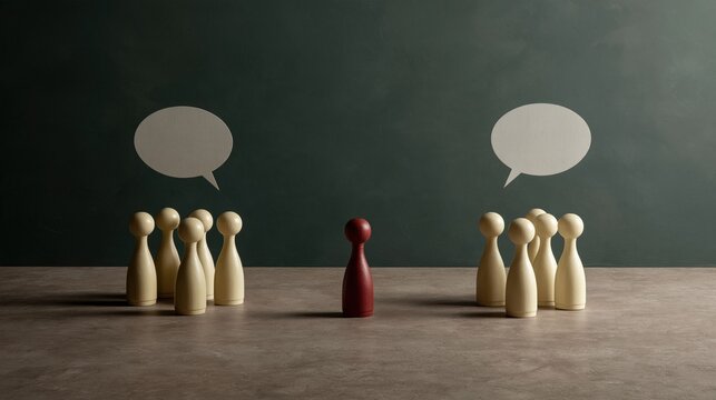Red wooden figure standing alone between two yellow groups with speech bubbles on a teal background for exclusion and discrimination campaigns
