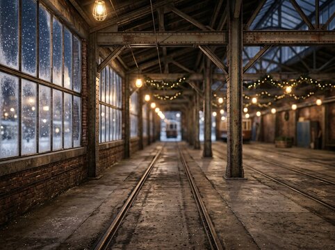 Historic train depot interior with industrial steel pillars and festive holiday lights during cold winter evening. with copy space or border frame for celebration commercial
