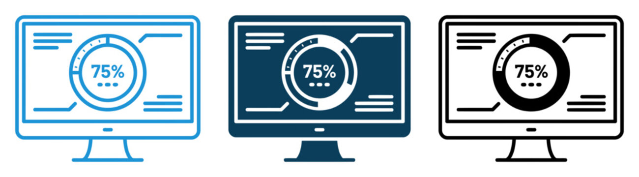 Three computer monitors displaying seventy five percent progress loading bar icons