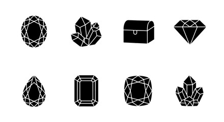 Gemstone Icons Set, Diamond Shapes, Crystal Clusters, Treasure Chest Vector Graphics © SantoAli