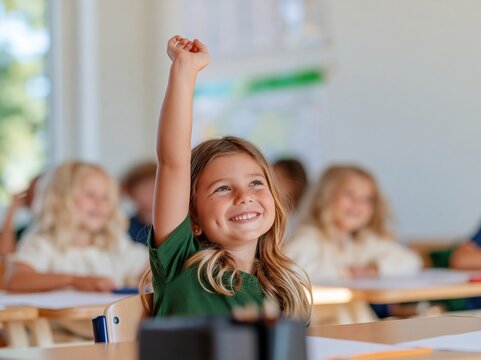 Schoolgirl raising her hand eagerly in a cozy classroom with soft window light and wooden desks, for education and learning themes
