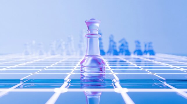 Glass king chess piece glowing in pink on a translucent circuit board, a futuristic scene with luminous blue light for technology and strategy