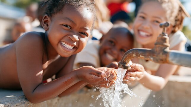 African children smiling while cupping fresh water from an outdoor metal tap, a natural moment of joy and hydration for public health projects