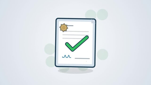 Illustrated concept of an approved official document, contract, or certificate with a green checkmark, symbolizing successful completion and validation