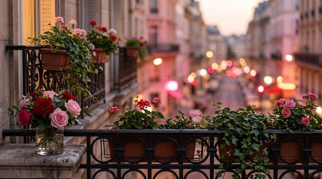 Balcony flowers and Paris street view at sunset for romantic travel or home decor. with copy space or border frame for valentine's day celebration commercial