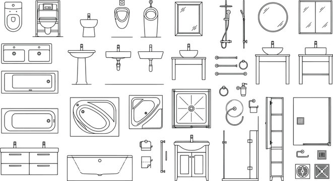 Set of bathroom sanitary ware and furniture icons, front view, vector illustration of toilets, sinks, bathtubs, showers and accessories