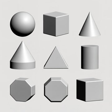 Collection of various 3D geometric shapes arranged on a plain background