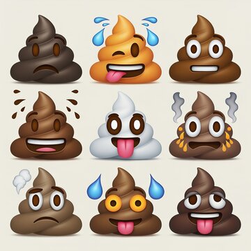 Set of various colorful poop emoji icons with different facial expressions