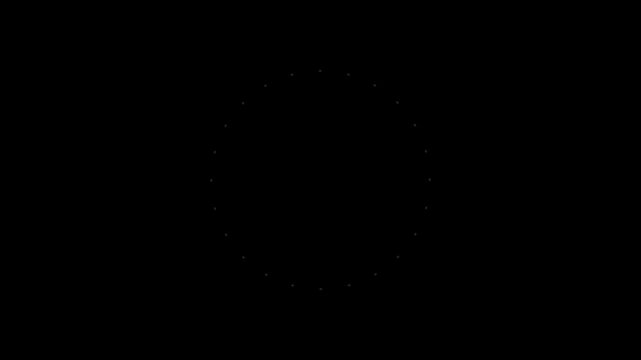Circle burst elements on black, white rings, dashed circles, dots and rays popping and vanishing one after another
