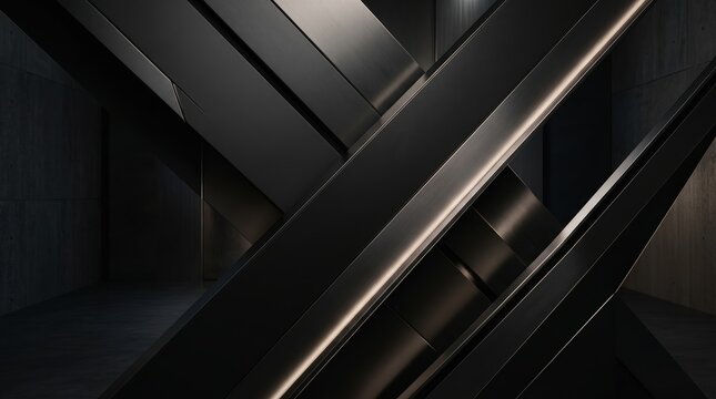 abstract black metallic panels intersecting diagonally in a dark interior with brushed surfaces, deep shadows and subtle warm edge lighting