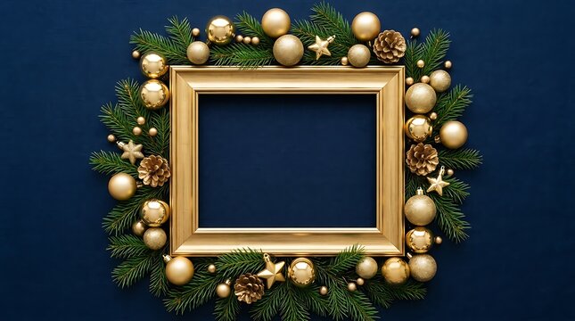 Empty rectangular golden frame decorated with pine branches and christmas balls