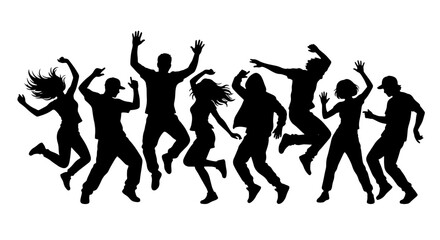 Fototapeta premium Silhouette Dancing People, Group Celebration Vector, Joyful Crowd Party Silhouettes