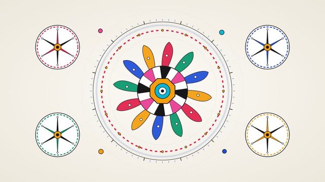 Multicolor Petal Wheel Spinning Among Four Corner Dials