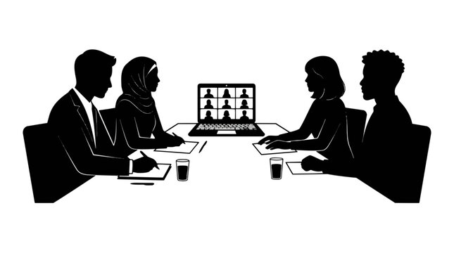 Diverse team in a virtual meeting, silhouetted against a white background