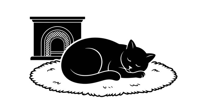 Black cat sleeping peacefully on a rug near a fireplace