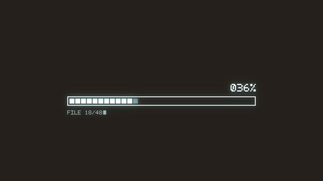 Syncing Files loading bar in retro pixel style on dark screen, 0 to 100 percent with file count and Transfer Complete
