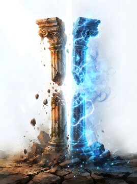 Broken classical columns with energy and destruction representing duality and contrasting forces