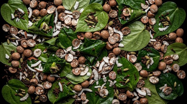 Top View of Fresh Betel Leaves with Areca Nuts Cloves Cardamom and Spices Arrangement for Indian Cultural and Health Themes