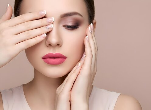 Close-up portrait of a woman with glamorous makeup, featuring matte pink lips and brown eyeshadow, while manicured hands with French tips and rhinestones frame her face against a beige backdrop.