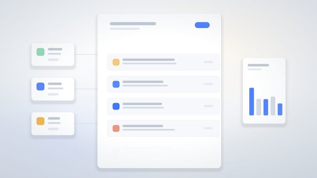 Three UI Cards Linked to a Task List and Bar Chart
