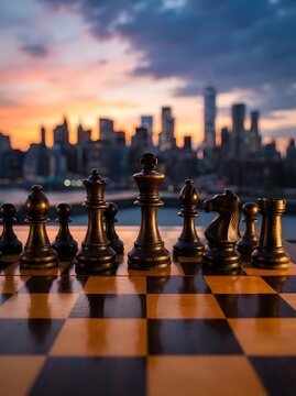 Chess pieces arranged on a board with a city skyline at sunset